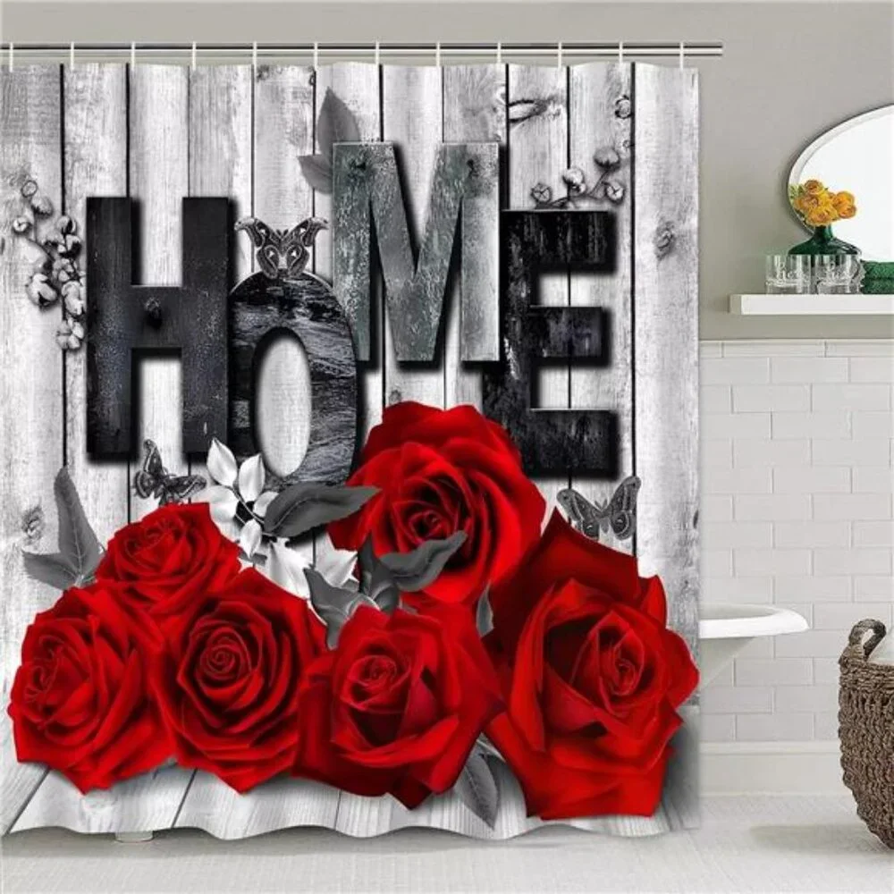 Red Rose 4 Pcs Shower Curtain Sets Non-Slip Rugs Bath Mat Toilet Cover